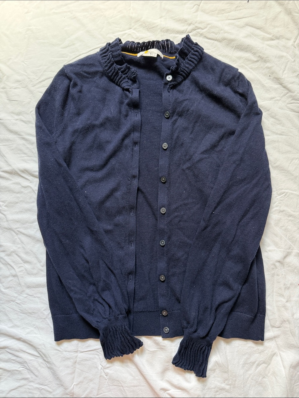 Boden Navy Ruffle-Neck Button Cardigan